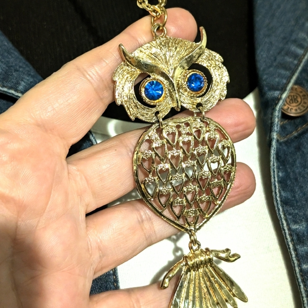 Gold Owl Pendant Necklace with Blue Accents